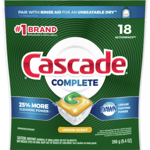 Cascade Dishwasher Detergent, Lemon Scent, Complete, Actionpacs