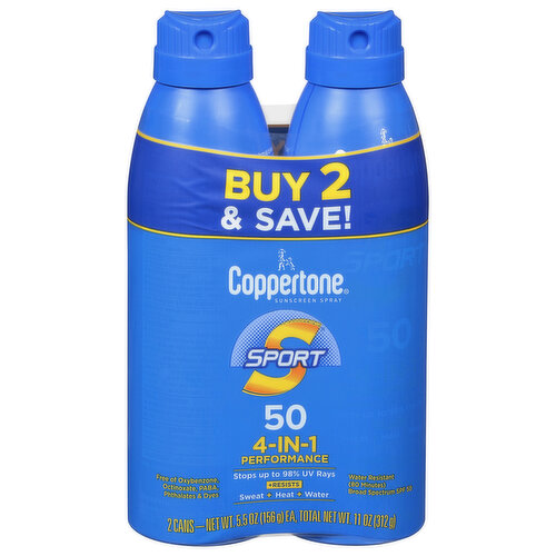 Coppertone Sunscreen Spray, SPF 50, 4-in-1, Performance