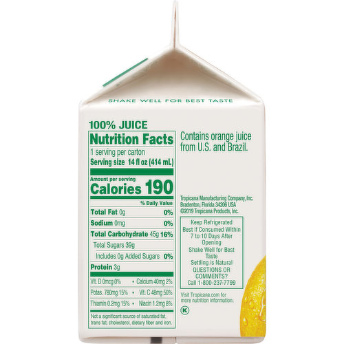 tropicana orange juice food label