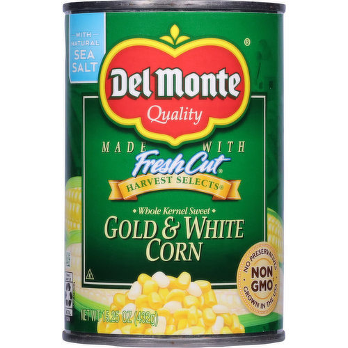 Del Monte Corn, Gold & White, Whole Kernel Sweet, Harvest Selects