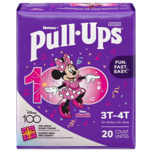 Make potty training fun, fast and easy with Pull-Ups Training Pants! Made with soft and breathable materials, these training pants are extra comfy for your child throughout the day. Pull-Ups training pants are flexible, with an underwear-like fit for easy training and outstanding protection. Not only do they provide all-around coverage, but they also feature stretchy sides that your child can easily move up and down to help them feel like a Big Kid. The refastenable sides make it easy for fast changes, allowing you to keep pants and shoes on your toddler. Plus, the adjustable sides let you customize your child's waistband and easily check for messes! Each pack includes two exclusive music designs featuring Disney's Minnie Mouse, with instrument graphics that fade when wet to help motivate your child to stay dry. Tell the story of how Minnie Mouse loves making music and your child can help keep the music going! Making music with Minnie Mouse comes to life with interactive digital tools and fun extras like an inside-the-box coloring mat. When your child is ready to begin her potty training journey, the Pull-Ups brand can help. Visit the Pull-Ups website for expert potty training tips and resources. We've helped train 60 million Big Kids and counting!* Pull-Ups Girls' Training Underwear are available in sizes 2T-3T (16-34 lbs), 3T-4T (32-40 lbs), 4T-5T (38-50 lbs) and 5T-6T (50+ lbs). (*US and CA)
