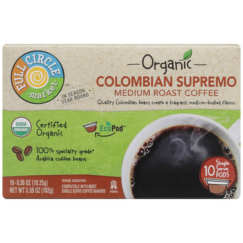 Full Circle Market Medium Roast Colombian Supremo 100% Arabica Coffee Single Serve Pods