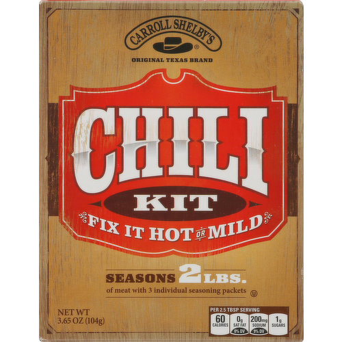 Original Texas brand. Fix it hot or mild. Seasons 2 lbs. of meat with 3 individual seasoning packets. Fix it hot: add cayenne pepper. Fix it mild: add no cayenne pepper. Carroll Shelby's three individual seasoning packets allow you to fix it hot or mild. Spices. Cayenne pepper. Masa flour.