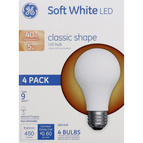 GE Light Bulbs, LED, Soft White, 5 Watts, 4 Pack