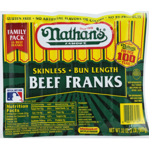 Nathan's Franks, Beef, Skinless, Bun Length, Family Pack