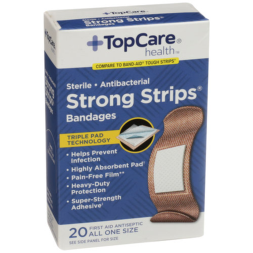 TopCare Strong Strips, Sterile Antibacterial First Aid Antiseptic All One Size Bandages