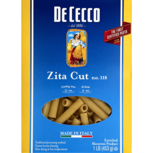 Enriched macaroni product. The first certified pasta. Cooking Time: 11 min. Al Dente: 9 min. Traditional processing method: coarse bronze drawing; slow drying at low temperatures. Our quality is an inherited passion. Certified. De Cecco's is the first certified pasta for the distinctive quality of many parameters such as: the selection of the best durum wheat which guarantees a greater firmness of the pasta whilst cooking; use of high particle size to preserve the wholeness of the gluten; kneaded with cold water (under 15 degrees C), that assures a sweeter taste and a better firmness during cooking; coarse bronze drawing, to give pasta the ideal roughness that makes it adhere perfectly to sauces. For additional delicious recipes please visit us at www.dececcousa.com. EPD: Environmental Product Declaration. Registration Number: S-P-00282. De Cecco respects the environment from start to finish. De Cecco is a SA8000 certified company. Made in Italy.