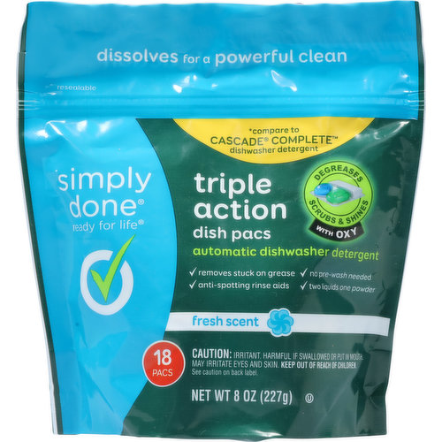 Simply Done Dishwasher Detergent, Automatic, Triple Action, Fresh Scent, Dish Pacs