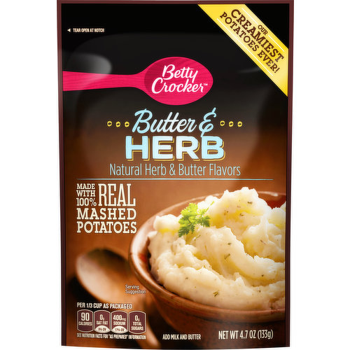 Made with 100% real mashed potatoes and natural butter and herb flavors. Its creamy and delicious as is, or add your own twist. These 100% American Grown Potatoes make a perfect side dish for your family meal.