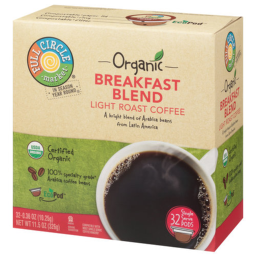 Full Circle Market Coffee, Organic, Light Roast, Breakfast Blend, Single Serve Pods