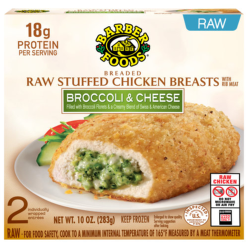 Barber Foods Chicken Breasts, with Rib Meat, Raw, Stuffed, Breaded, Broccoli & Cheese