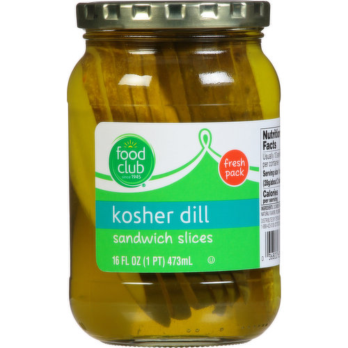 Food Club Pickles, Kosher Dill, Sandwich Slices