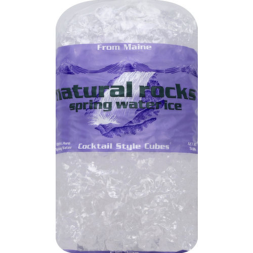 100% pure spring water. From Maine. Natural rocks are square cocktail style ice cubes made from 100% pure Maine spring water. Natural rocks ice company selects only the best quality spring water to produce premium crystal clear ice. The spring water used in making this ice is protected by acres of Maine conservation land and evergreen forests. The natural mineral content. In our premium spring water produces a harder clearer ice with no sodium and no aftertaste. When you use natural rocks ice to chill your favorite beverage, you taste the drink, not the ice. The original spring water ice, since 1990. www.naturalrocks.com. Protect our earth. Reuse this bag. Spring Water Source: Fryeburg Maine.