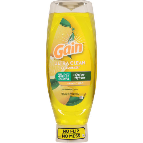 Fresh-tastic grease removal. +odor fighter. No flip. No mess. Contains no phosphate. Contains biodegradable surfactants.