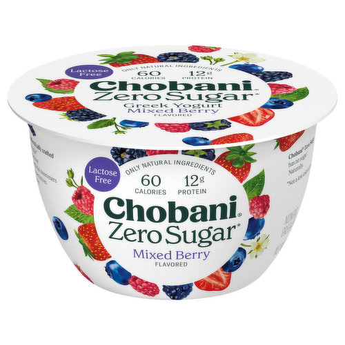 Chobani Yogurt, Greek, Nonfat, Zero Sugar, Mixed Berry Flavor