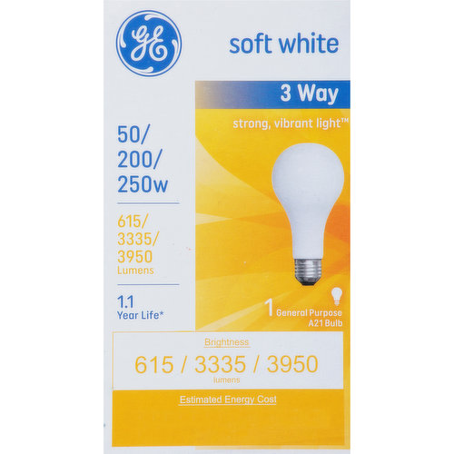 GE Light Bulb, 3 Way, Soft White, 50/200/250 Watts