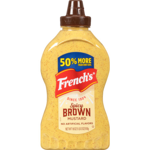 Tailgates. Backyard barbeques. Everyday meals. With its bold, unmistakably big flavor, French’s® Spicy Brown Mustard deserves a place at every table. Made with only quality ingredients, this mustard makes hot dogs, sandwiches and burgers come alive with its zippy taste. Squeeze it on thick and make the ordinary … incredible!

There’s no better time than today to get Spicy Brown Mustard out of the fridge to its rightful place at the table. It’s held to the same high standards French’s has stood for over the last 100 years – authentic flavors that make food taste great. You won’t find any artificial flavors, colorants, dyes, or high-fructose corn syrup. Because hey - that’s what you and your family deserve!