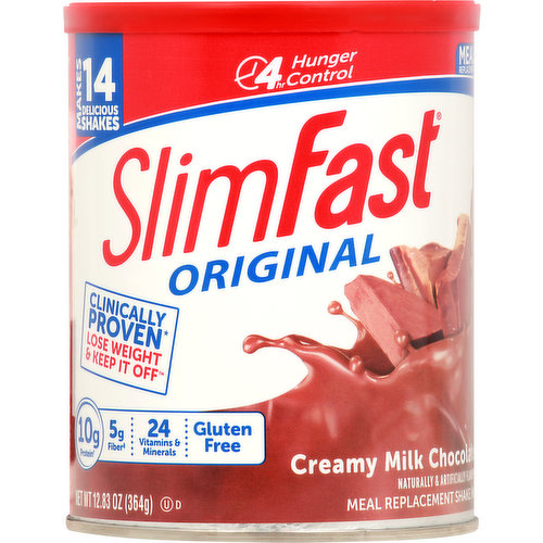 Naturally & artificially flavored 10 g protein (per shake as prepared with fat free milk); 5 g fiber (contains 3.5 g total fat per serving). Makes 14 delicious shakes. 4 hr hunger control. Clinically proven (When used as part of the SlimFast plan. Individual results may vary). Lose weight & keep it off. 24 vitamins & minerals. Sweetened with nutritive and non nutritive sweeteners. Clinically proven to lose weight fast (When used as part of the SlimFast Plan. Individual results may vary)! For over 40 years, millions of Americans have trusted SlimFast to lose weight fast and keep it off. Why? Clinically proven. The SlimFast Plan: 1. One sensible meal enjoy your favorite foods. 2. Replace two meals a day with shakes or smoothies. 3. Indulge in three snacks satisfy hunger between meals. It works! 50 clinical studies prove that SlimFast Plan helps you effectively lose weight. You can see results in just 1 week (When used as part of the SlimFast Plan. Individual results may vary)! This package is sold by weight, not volume. Some settling of contents may have occurred during shipping and handling. This package will make the servings as indicated when measured exactly by weight (26 g per serving). www.SlimFast.com. Facebook. Pinterest. Instagram. Youtube. Join Us at: www.SlimFast.com to learn more about The SlimFast Plan, easy recipes, weight loss calculators & more.