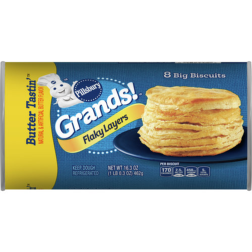 Make family meals grand with the home-baked goodness of Pillsbury Grands! Flaky Layers Biscuits. Kids and adults alike love to pull apart the flaky layers of their warm Grands! biscuits. A great alternative to scratch baking, Grands! refrigerated biscuit dough is ready-to-bake, saving you time and kitchen cleanup. In just minutes, the air will be filled with the delicious aroma of freshly baked biscuits and you’ll be ready to serve. Imagine the memories you’ll make.

These biscuits will give you time back in your day to focus on what matters. Simply preheat the oven to 350° F (or 325° F for a nonstick cookie sheet), place refrigerated biscuit dough 1 to 2 inches apart on ungreased cookie sheet and bake 13-16 minutes or until golden brown. In just a few simple steps, you'll have delicious biscuits without all the fuss!