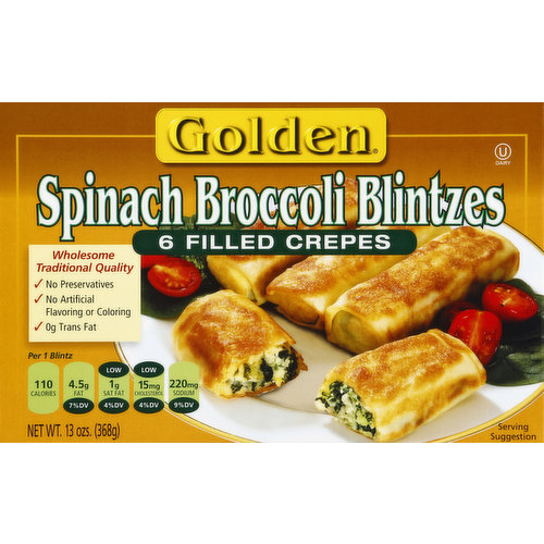Filled crepes. Wholesome Traditional Quality: No preservatives; No artificial flavoring or colorings; 0 g trans fat. Per 1 Blintz: 110 calories; 4.5 g fat (7% DV); low 1 g sat fat (4% DV); low 15 mg cholesterol (4% DV); 220 mg sodium (9% DV). From Our Kitchen to Yours: Generations have grown up enjoying Golden products. Since 1951, we have proudly been making delicious blintzes using wholesome, healthy ingredients; without preservatives, artificial flavors or colors. In 20 minutes or less you can conveniently serve these delicious spinach broccoli filled crepes at your next simple meal or part of your family's holiday traditions. We are honored to share a place at your table. www.oldfashionedkitchen.com.