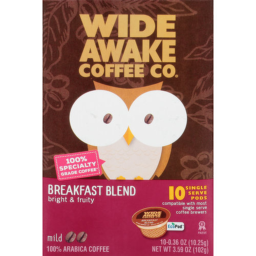 Wide Awake Coffee Co. Coffee, Mild, Breakfast Blend, Single Serve Pods
