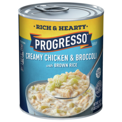 A tasty favorite, Progresso Rich & Hearty Chicken and Broccoli with Brown Rice Soup is a hearty combination of all white meat chicken, broccoli and wholesome brown rice. A fill-me-up kind of soup with indulgent flavor, this creamy soup warms the heart. Plus, it has no artificial flavors, no added MSG and no antibiotics ever. Go from can to bowl in less than five minutes, and serve this rich, hearty, satisfying chicken broccoli and rice soup on its own or with crusty bread for a quick and comforting meal.