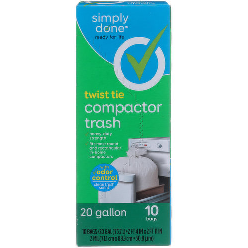 Simply Done Twist Tie Compactor Trash Bags With Odor Control, Clean Fresh