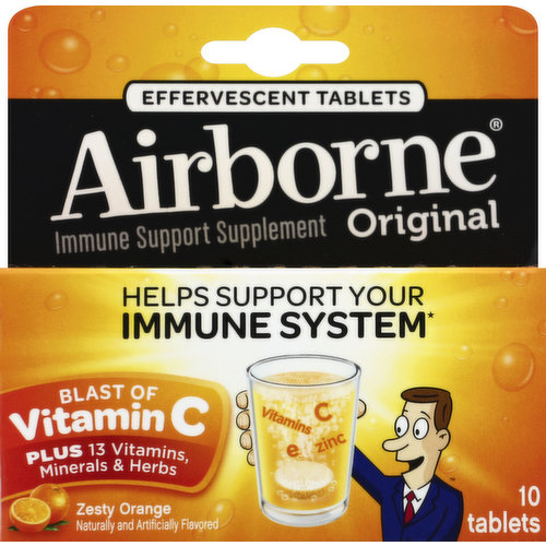 Immune Support Supplement. Helps support your immune system. Blast of vitamin C. Plus 13 vitamins, minerals & herbs. Naturally and artificially flavored. Add to your favorite beverage! Also try Airborne in other great flavors and formants. The original formula created by a school teacher. No preservatives. Airborne effervescent formula offers fast-acting absorption! Take up to 3x per day. Health. Hygiene. Home. (These statements have not been evaluated by the Food and Drug Administration. This product is not intended to diagnose, treat, cure or prevent any disease.)