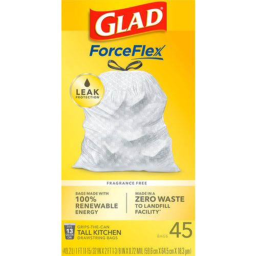 Glad Drawstring Bags, Tall Kitchen, Fragrance Free, 13 Gallon