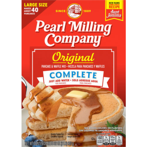 Since 1889. Makes about 40 pancakes. Just add water for pancakes. New name same great taste. Same Great Taste As: Aunt Jemima. Stack up the moments. Hi there, we're Pearl Milling Company. We want to thank you for choosing our light and fluffy textured pancake mix and hope you'll enjoy every bite. Our recipe has been perfected for over 130 years, but our commitment will always be the same: To bring families to the table to stack up the delicious moments. So grab a fork, pour on some syrup, and dig in! With love, Pearl Milling Company. how2recycle.info.