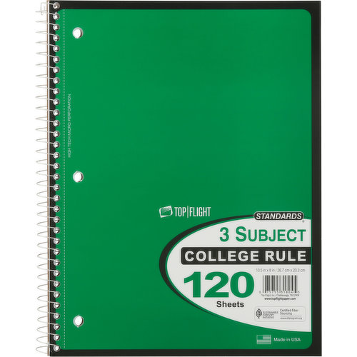 Top Flight Notebook, 3 Subject, College Rule, 120 Sheets