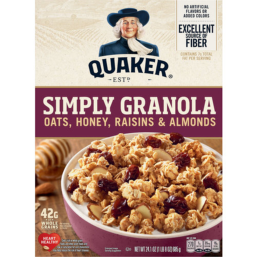 Estd. 1877. Simply Delicious: Quaker Simply Granola has the great taste of almonds, raisins, and honey, a satisfying crunch, and genuine whole grain oats. Enjoy with milk, over yogurt, or as a snack on the go. Raisins, almonds. whole grain oats, honey. No added color. Package contains empty space to accommodate product size and/or density variation and to ensure sufficient package sealing. This package is sold by weight, not by volume. Contents may settle during shipping and handling. Please see opposite panel for additional product information.