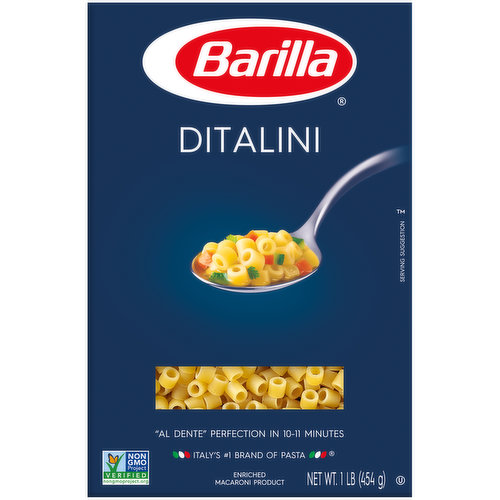 Enriched macaroni product. Non GMO project verified. nongmoproject.org. Al dente perfection in 10-11 minutes. Italy's No. 1 brand of pasta. Simply healthy. Simply delicious. Barilla pasta is the perfect foundation for a nutritious & delicious meal especially when paired with other healthy foods like olive oil, vegetables, legumes and lean proteins. Ditalini vegetable soup. www.barilla.com. how2recycle.info. Call 1-800-922-7455 with any comments or questions. Visit us at barilla.com for recipe ideas & more. Made in the U.S.A. with U.S.A. and imported ingredients. Simply Healthy. Simply Delicious.
Barilla pasta is the perfect foundation for a nutritious & delicious meal especially when paired with other healthy foods like olive oil, vegetables, legumes and lean proteins.