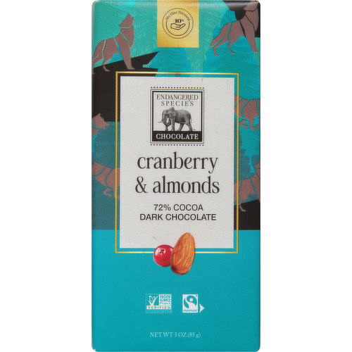 Endangered Species Dark Chocolate, Cranberry & Almonds, 72% Cocoa