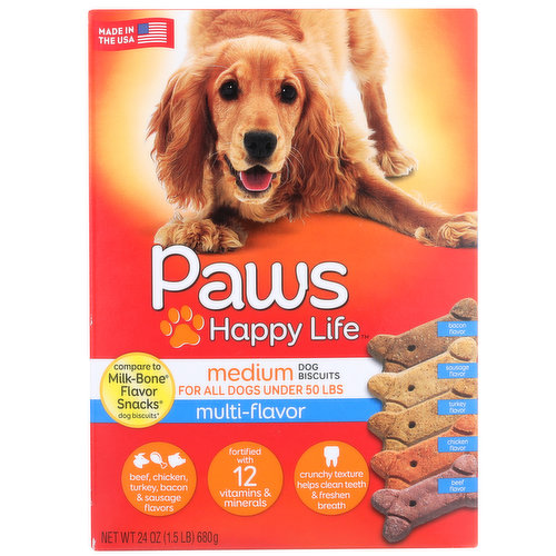 Paws Happy Life Beef, Chicken, Turkey, Bacon, Sausage Multi-Flavor Medium Dog Biscuits For All Dogs Under 50 Lbs