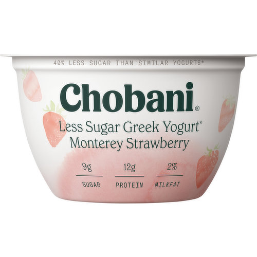 Chobani Yogurt, Greek, Less Sugar, Monterey Strawberry