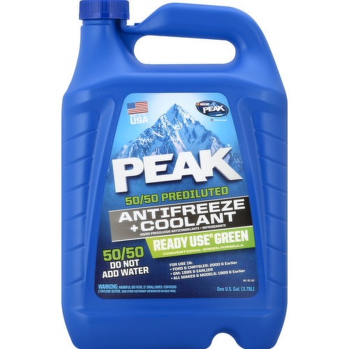 For Use in: Ford & Chrysler: 2000 & earlier; GM: 1995 & earlier; all makes & models: 1989 & earlier. Conventional green formula. Nascar Peak antifreeze series. iRacing.com. Peak Ready Use 50/50 Prediluted Antifreeze + Coolant. Performance Without Compromise: At Peak, we have 65 years of experience in protecting your vehicle's cooling system from extreme hot and cold temperatures and damaging rust and corrosion. Peak Ready Use 50/50 Prediluted Antifreeze + Coolant is a formula good for older automotive and diesel applications. Whether you are performing a complete flush and fill or just topping off, Peak Conventional Green Antifreeze + Coolant is available in both full strength and 50/50 Ready Use formulas to do the job! Run true. Specifically good for Ford & Chrysler 2000 & earlier, GM 1995 & earlier, all makes and models 1989 & earlier. Compatible with all conventional green antifreeze & coolants. Protects against damaging rust and corrosion, prevents freeze up and boil over in extreme temperatures. Convenient pre-mixed formula for topping off antifreeze/coolant. Meets: ASTM D-3306; ASTM D-4340. Protection Chart: Peak Ready Use 50/50 Prediluted Antifreeze + Coolant: Protects from: freezing down to: -34 degrees F (-36 degrees C); boiling up to (Using a 15 lb. pressure cap at sea level): 265 degrees F (129 degrees C). Peakauto.com. YouTube; Facebook; Twitter: peakauto. Made in the USA.