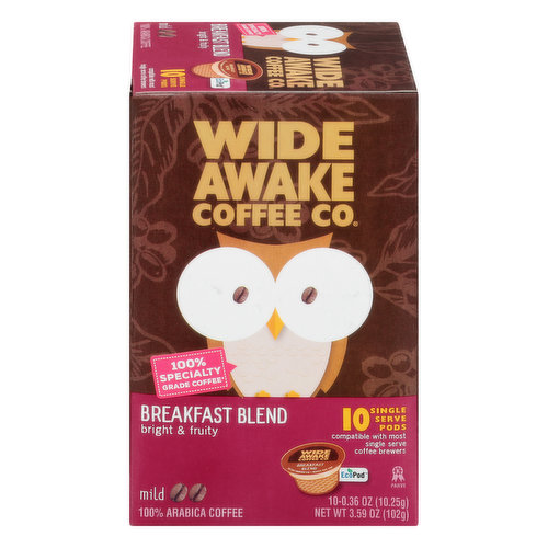 Wide Awake Coffee Co. Coffee, Mild, Breakfast Blend, Single Serve Pods