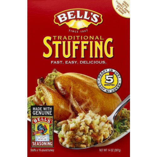 Since 1867. Fast. Easy. Delicious. Ready in just 5 minutes. Ideal with turkey, pork, seafood & more. Made with genuine Bell's seasoning. Stuffs a 16-pound turkey. The perfect side-dish. The Choice of Generations: In 1867, a Boston inventor and amateur cook named William G. Bell created a unique combination of herbs and spices. It was a subtle, flavorful, and truly memorable mixture he simply called Bell's Seasoning. Bell's Seasoning soon became a treasured staple of kitchens throughout New England. Today, all of Bell's fine products are made with the original spice blend created over 135 years ago! And while our recipes are now ready-mixed for convenient, everyday enjoyment, our commitment to purity, quality, and superior taste remains unchanged. For more great recipes, please visit www.bellsseasonings.com. And be sure to try all of our great Bell's products.