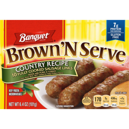 Banquet since 1953. Citric acid, BHA, BHT added to help protect flavor. Microwaveable. Banquet Brown ‘N Serve country links are the quick, easy and convenient way to enjoy sausage. Already precooked, Banquet Brown 'N Serve country links deliver that fresh, out of the pan taste in just minutes. These country links are made with a special blend of seasonings and spices for true country flavor and texture. It’s the perfect addition for a wide variety of breakfast foods!