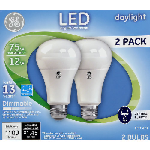 GE Light Bulbs, LED, A21, Dimmable, Daylight, 12 Watts, 2 Pack