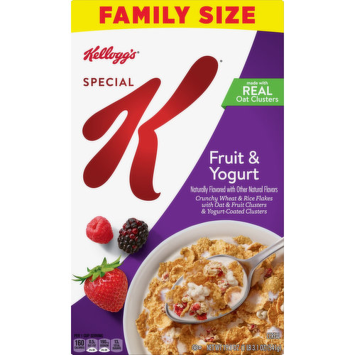 Crunchy wheat & rice flakes with oat & fruit clusters & yogurt-coated clusters Naturally flavored with other natural flavors. Per 1 Cup Serving: 160 calories; 0.5 g sat fat (3% DV); 190 mg sodium (8% DV); 13 g total sugars. 50%+ Whole Grain: 16 g or more per serving. 50% or more of the grain is whole grain. WholeGrainsCounsil.org. Made with real oat clusters. Keep it simple. keep it. Eat Well: From easy meal ideas to simple food swaps everything you need to know about enjoying simple and healthy recipes with real ingredients that taste great. Move more: Whether you're looking to start or refresh a regular exercise routine, try these easy real-world ways to get more activity into your day. Feel good: From being mindful during the workday to turning your bedroom into a sleep sanctuary, find ways to stress less and enjoy life more. Live easy: Streamline your morning routine. Organize your work desk. Declutter your home. Get totally doable strategies for hacking daily life. You can't fake delicious. Rise and shine. Power your day. BCTGM: Bakery Confectionery Tobacco Workers & Grain Millers. kelloggs.com. how2recycle.info Connect with keepitk.com. open camera or QR reader & scan code. Experience a whole new way to connect with Special K! Simply scan the code above to unlock a breadth of health and wellness hacks, videos and more to help you stay motivated and well-informed. Questions or comments? Visit kelloggs.com. Call 1-800-962-1413. Provide production code on package. Kellogg's Family Rewards: Learn more at kfr.com. Connect with keepitk.com. Open camera or QR reader & scan code. Experience a whole new way to connect with Special K! Simply scan the code above to unlock a breadth of health and wellness hacks, videos and more to help you stay motivated and well-informed. Certified 100% recycled paperboard.