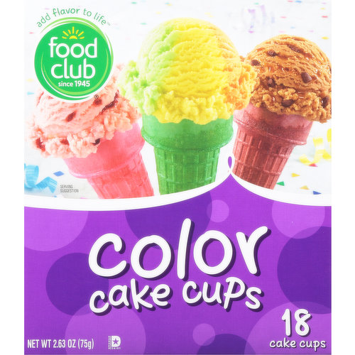 Add flavor to life. Since 1945. Add some color to snack time with Food Club Color Cake Cups. Crisp, light and oh, so delicious, they're a delightfully colorful way to have fun on a hot day, or any day! Share a smile with a friend! Our Commitment: Our club is local. Food Club is sold at local retailers who are proud to serve and support your community.