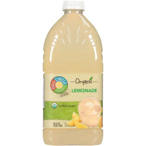 OUR LEMONADE - WHAT'S MORE REFRESHING THAN THE ZIP OF CITRUS? OUR DELICIOUSLY TART AND SWEET LEMONADE GIVES YOU A CLASSICALLY SIMPLE WAY TO COOL YOUR DAY.
PASTEURIZED
REFRIGERATE AFTER OPENING TO MAINTAIN FRESHNESS
HI, ME 5 CENT CA CRV
LSPA0819
CERTIFIED ORGANIC BY QAI
COPYRIGHT TOPCO
QUALITY GUARANTEED - IF FOR ANY REASON YOU'RE NOT SATISFIED, WE'LL GIVE YOU A FULL REFUND.
CONTAINS 10% JUICE
CHILL AND SHAKE WELL BEFORE USING
OUR STORY - WE BELIEVE IN THE SIMPLE GOODNESS OF NATURE AND DELIVERING THAT QUALITY TO YOUR NEIGHBORHOOD GROCER. WITH FULL CIRCLE MARKET, BETTER CHOICES AND AFFORDABLE PRICES ARE ALWAYS IN SEASON YEAR ROUND.
SCAN HERE FOR MORE FOOD INFORMATION