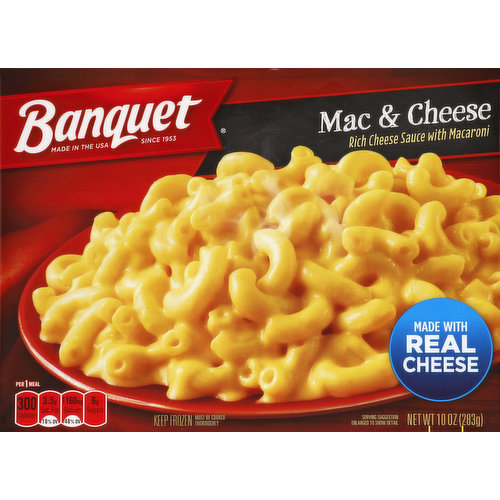 Rich cheese sauce with macaroni. Made with real cheese. Since 1953. Per 1 Meal: 300 calories; 3.5 g sat. fat (18% DV); 1160 mg sodium (48% DV); 6 g sugars. For over 60 years, Banquet has been making delicious meals the whole family loves. So, it's no surprise that these meals are perfect for anyone to enjoy any time. Try our Mac and Cheese meal featuring macaroni noodles smothered in a rich, creamy cheese sauce. Food you love. Partially produced with genetic engineering. Questions or comments, visit us at www.banquet.com or call Mon.-Fri., 9:00 AM-7:00 PM (CST). 1-800-257-5191 (except national holidays). Please have entire package available when you call so we may gather information off the label. Made in the USA. Proudly made in the USA since 1953.