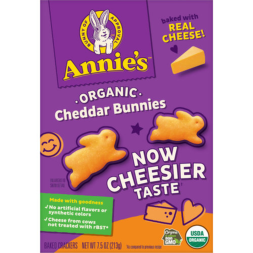 Made with real cheddar cheese goodness, Annie's Organic Cheddar Bunnies Baked Snack Crackers are delicious baked bites of yum that everybunny can agree on. These bunny-shaped cheese crackers are crispy and craveable and can take you from lunch packing to after-school snacking. Plus, these organic crackers have none of the artificial stuff, so they're filled with organic ingredients that matter — to you, to farmers and to the planet we all share. Stock up on Annie's cheddar crackers for school snacks, travel foods and more.