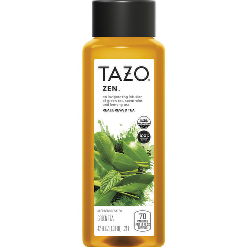 An invigorating infusion of green tea, spearmint and lemongrass. 70 calories per 12 fl oz serving. USDA Organic. Certified Organic by OTCO. Real brewed tea. Tazo.com. how2recycle.info. We're here to help. tazo.com or 800-299-9445. This bottle has made a comeback. Made from 100% recycled plastic. 100% Recycled bottle.