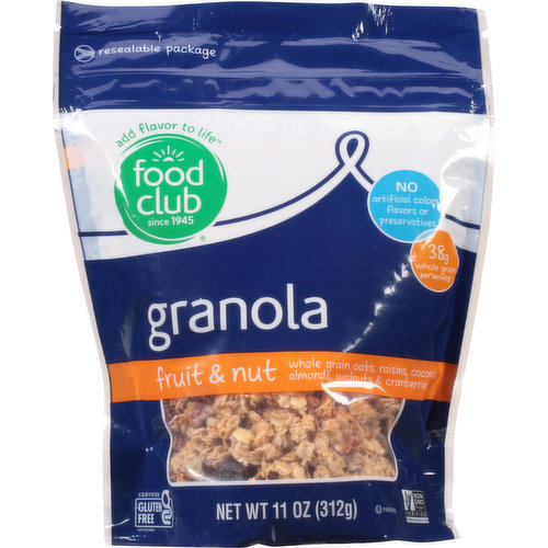 Add flavor to life. Since 1945. Need a quick, easy-to-please breakfast or snack? Dive into food club gluten-free fruit & nut granola - sweet, crunchy whole grain granola brimming with fruity, nutty flavors.