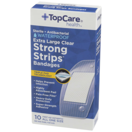 TopCare Strong Strips, Sterile Antibacterial Waterproof First Aid Antiseptic All One Size Extra Large Bandages, Clear