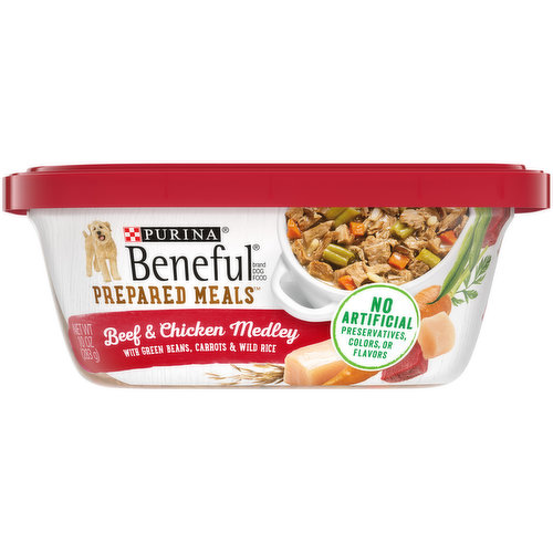 Calorie Content (calculated)(ME): 935 kcal/kg, 265 kcal/tub. Beneful Prepared Meals Beef & Chicken Medley is formulated to meet the nutritional levels established by the AAFCO Dog Food Nutrient Profiles for maintenance of adult dogs. With green beans, carrots & wild rice. Meaty chunks with a hearty sauce. 100% complete & balanced nutrition for adult dogs. No artificial preservatives, colors, or flavors. Purina.com. how2recycle.info. Try Originals Dry Food. Prepared in our own US Facilities. Printed in USA. Serve your dog the flavors he craves and the nutrition he needs with Purina Beneful Prepared Meals Beef and Chicken Medley wet dog food. With real chicken and beef, this recipe offers a flavor combination dogs love, and the 23 essential vitamins and minerals in every serving of this gravy dog food support your best pal’s overall health. Every meal includes wholesome goodness and is made with real green beans, carrots and wild rice you can see and with no artificial colors, flavor or preservatives. The meaty chunks in our premium dog food offer a tender texture he can really sink his teeth into, and the high-protein recipe helps support his strong muscles. Crafted with real, high-quality ingredients in a flavorful dog food gravy, this Purina Beneful Prepared Meals recipe is sure to have him licking his chops for more. Fill his bowl at mealtime with this savory wet dog food with rice to provide 100 percent complete and balanced nutrition for adult dogs, or use the reclosable tubs as wet dog food toppers mixed with his favorite dry kibble. Offer your buddy this Purina Beneful wet dog food with gravy recipe proudly produced in Purina-owned, U.S. facilities, and show him you care about his health and happiness.; Treat your dog like the good boy he is when you give him the poultry flavor he craves in every bowful of Purina Beneful Prepared Meals Beef & Chicken Medley wet dog food.